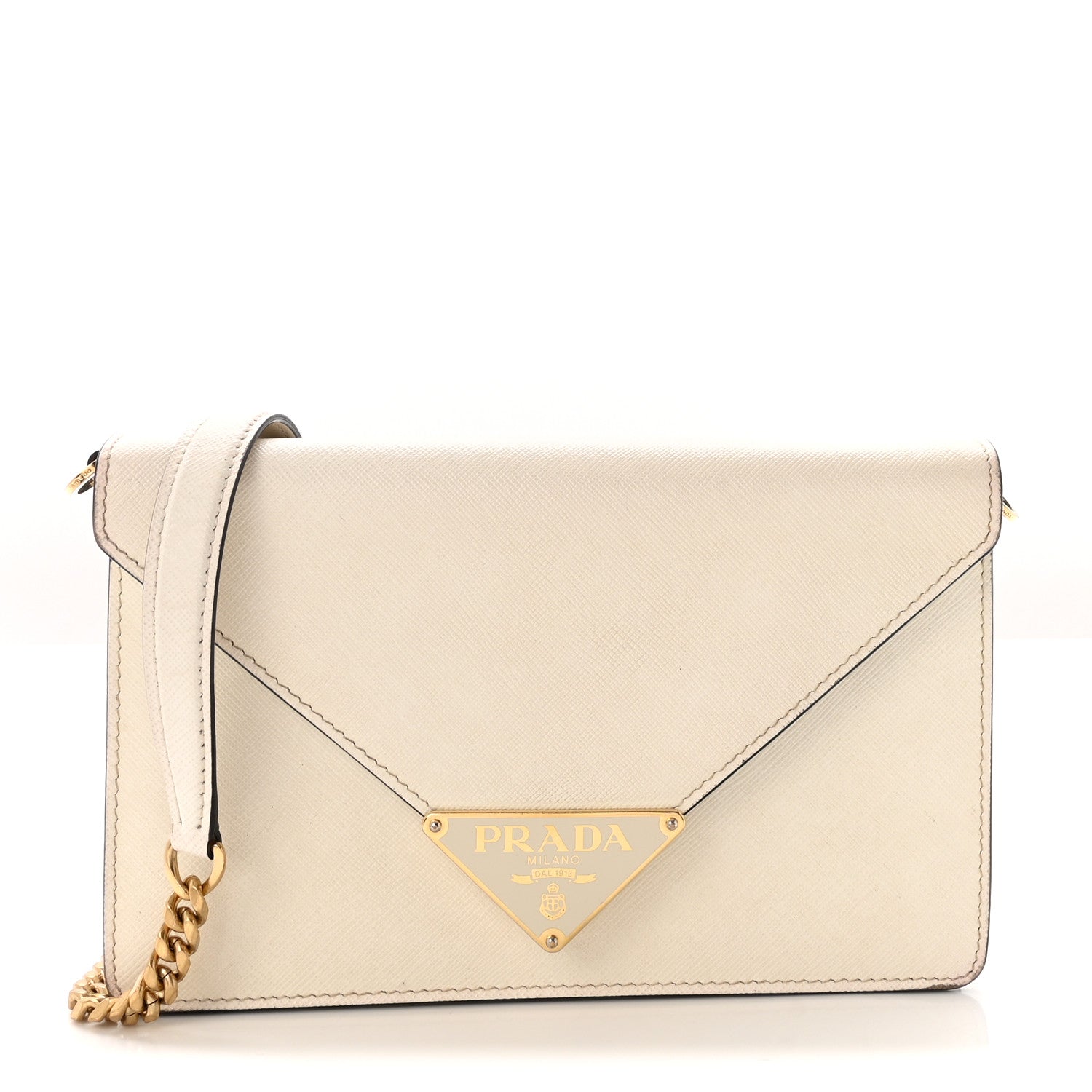 Saffiano Lux Metal Triangle Logo Mini Envelope Chain Shoulder Bag White