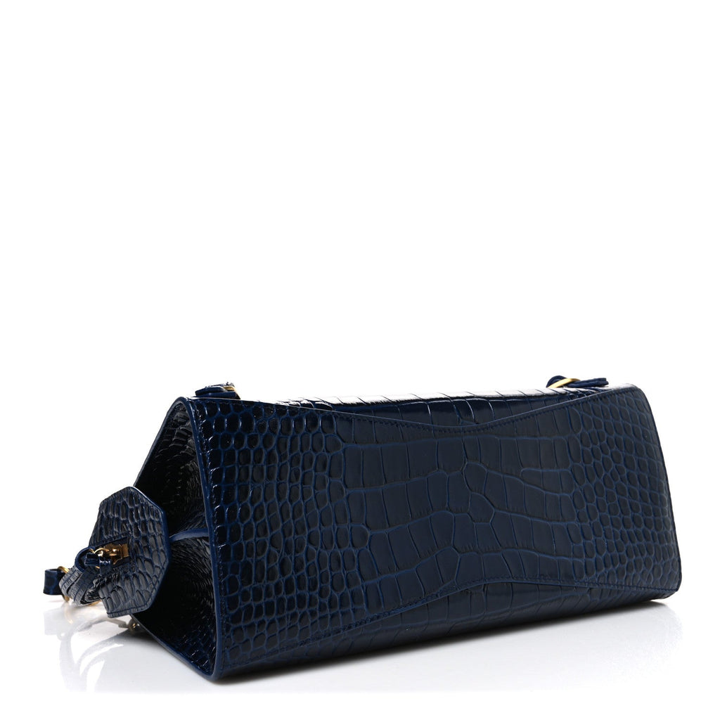Shiny Supple Calfskin Crocodile Embossed Neo Classic Gold Hardware S City Navy