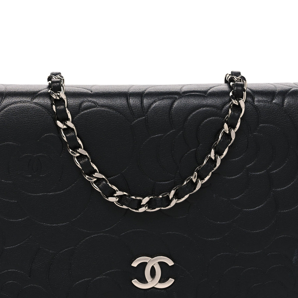 Lambskin Camellia Embossed Wallet on Chain WOC Black