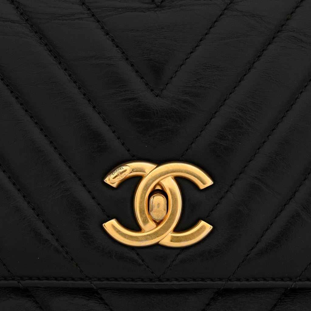 Calfskin Lizard Chevron Quilted Medium Coco Handle Flap Black
