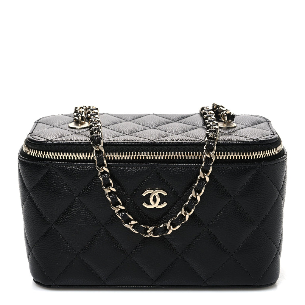 Caviar Quilted Small Vanity Case With Chain Black