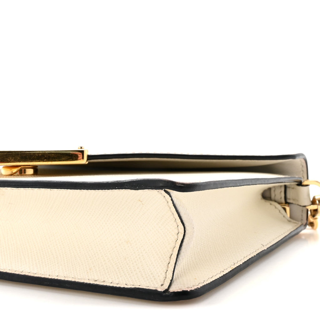 Saffiano Lux Metal Triangle Logo Mini Envelope Chain Shoulder Bag White