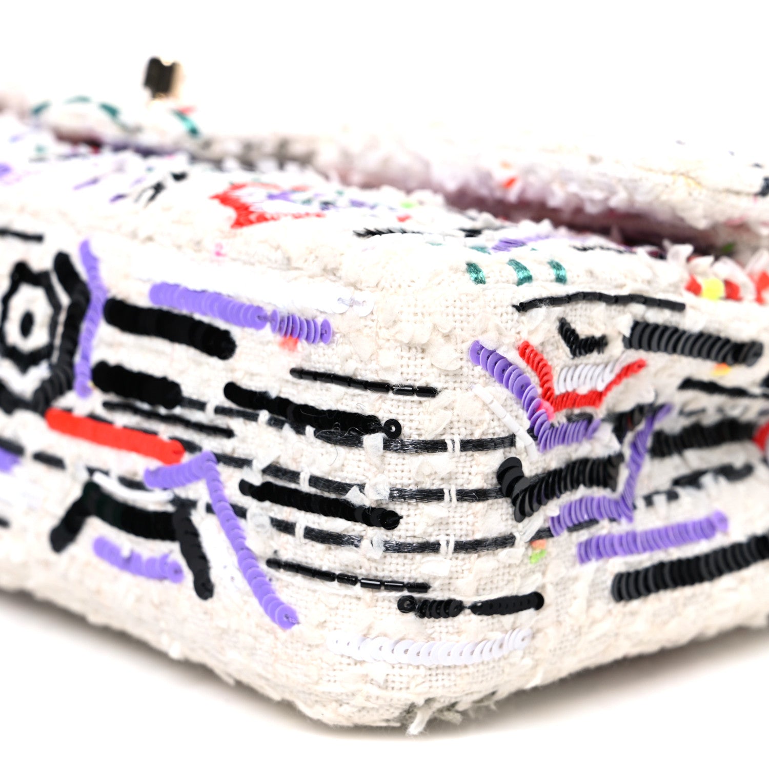 Tweed Braid Sequin Medium Double Flap White Purple Multicolor