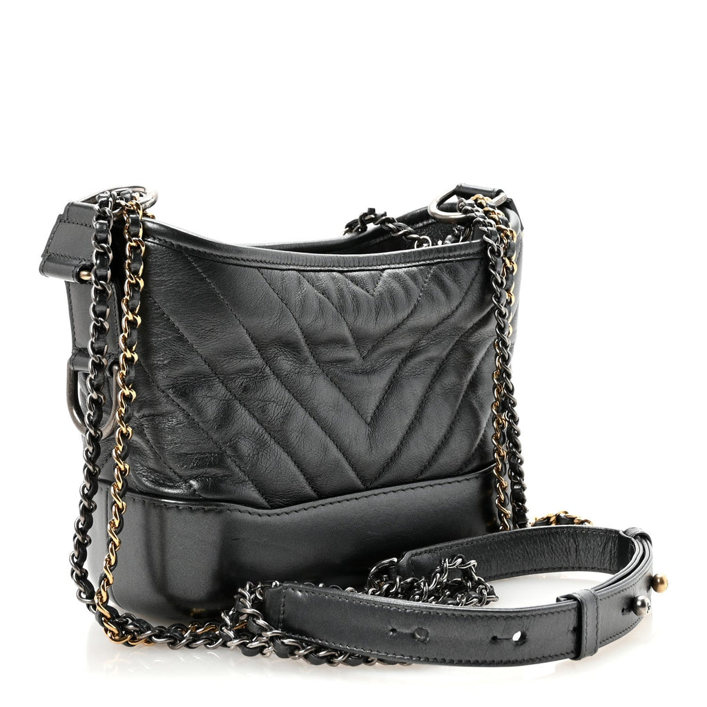 Metallic Aged Calfskin Chevron Quilted Small Gabrielle Hobo Dark Grey