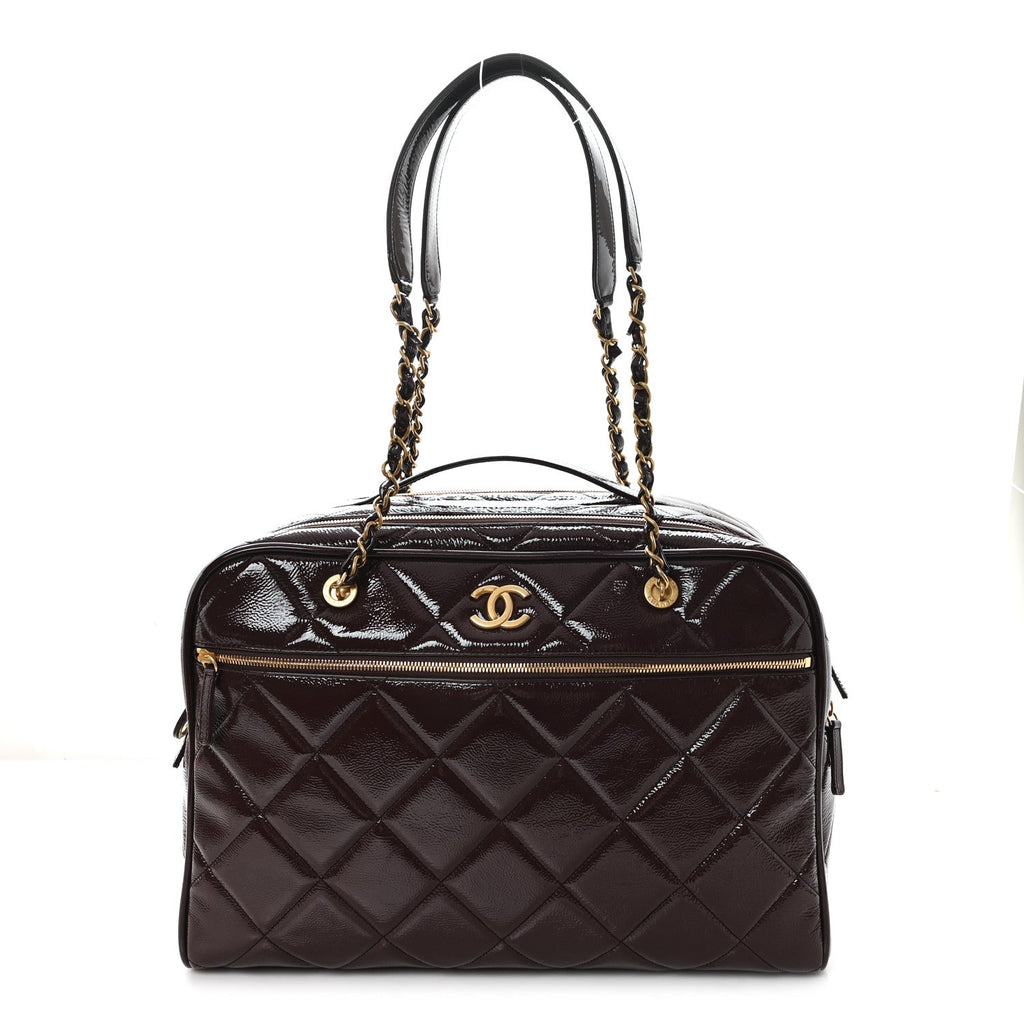 Patent Crumpled Calfskin Quilted Travel Bowling Bag Dark Brown