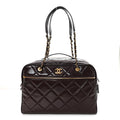 Patent Crumpled Calfskin Quilted Travel Bowling Bag Dark Brown