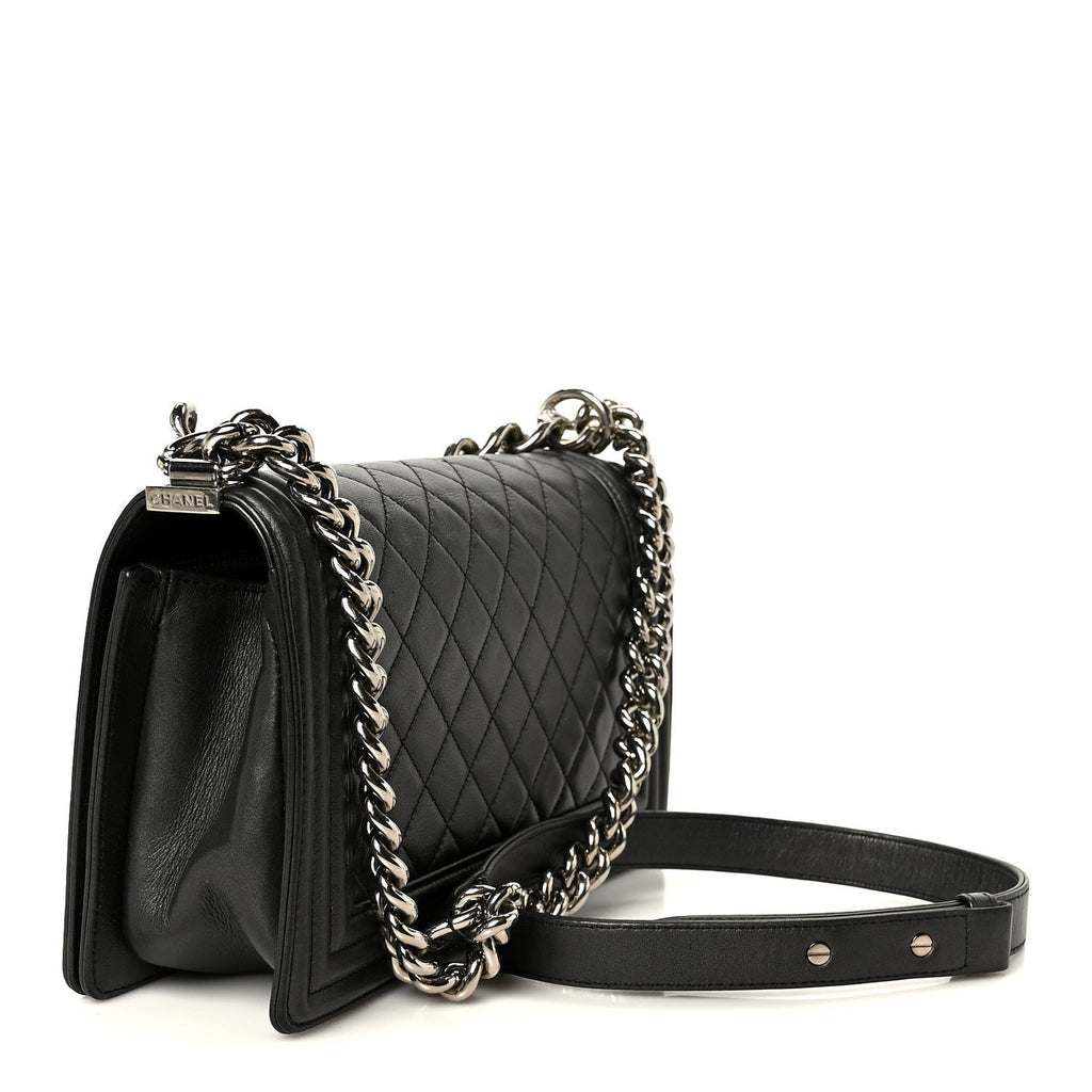 Metallic Lambskin Quilted Crystal Medium Boy Flap Grey