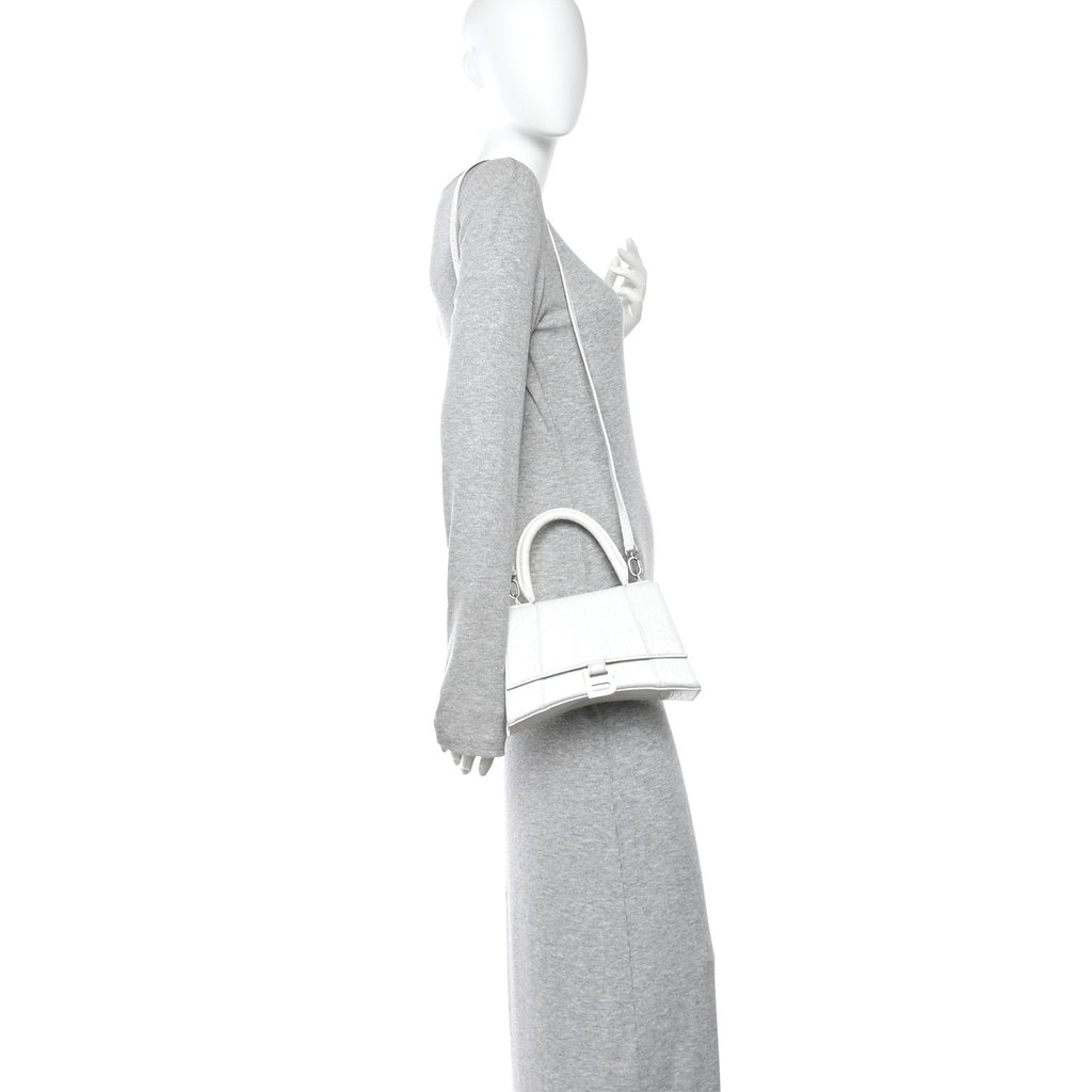 Calfskin Crocodile Embossed Small Hourglass Top Handle Bag White