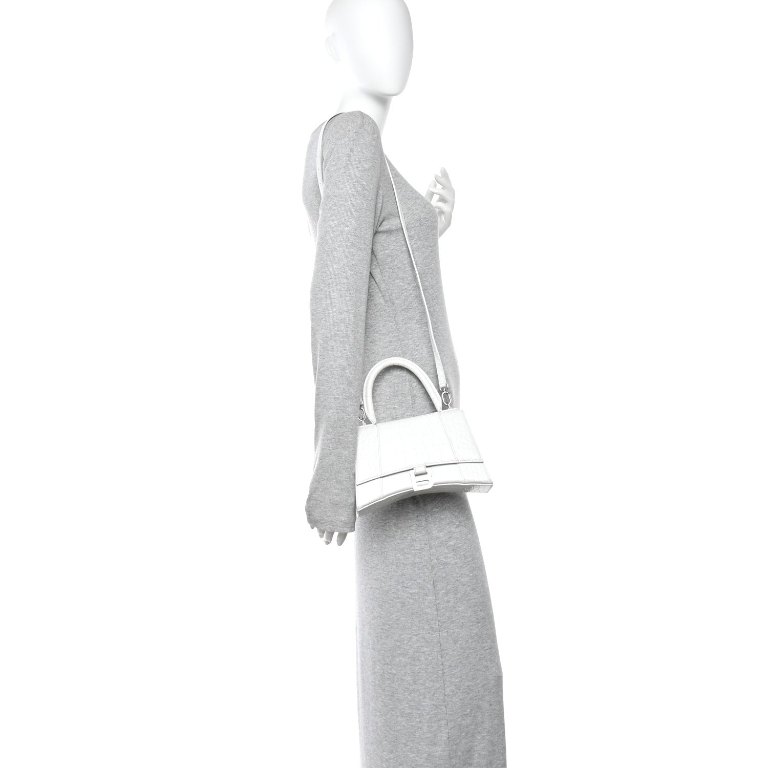 Calfskin Crocodile Embossed Small Hourglass Top Handle Bag White
