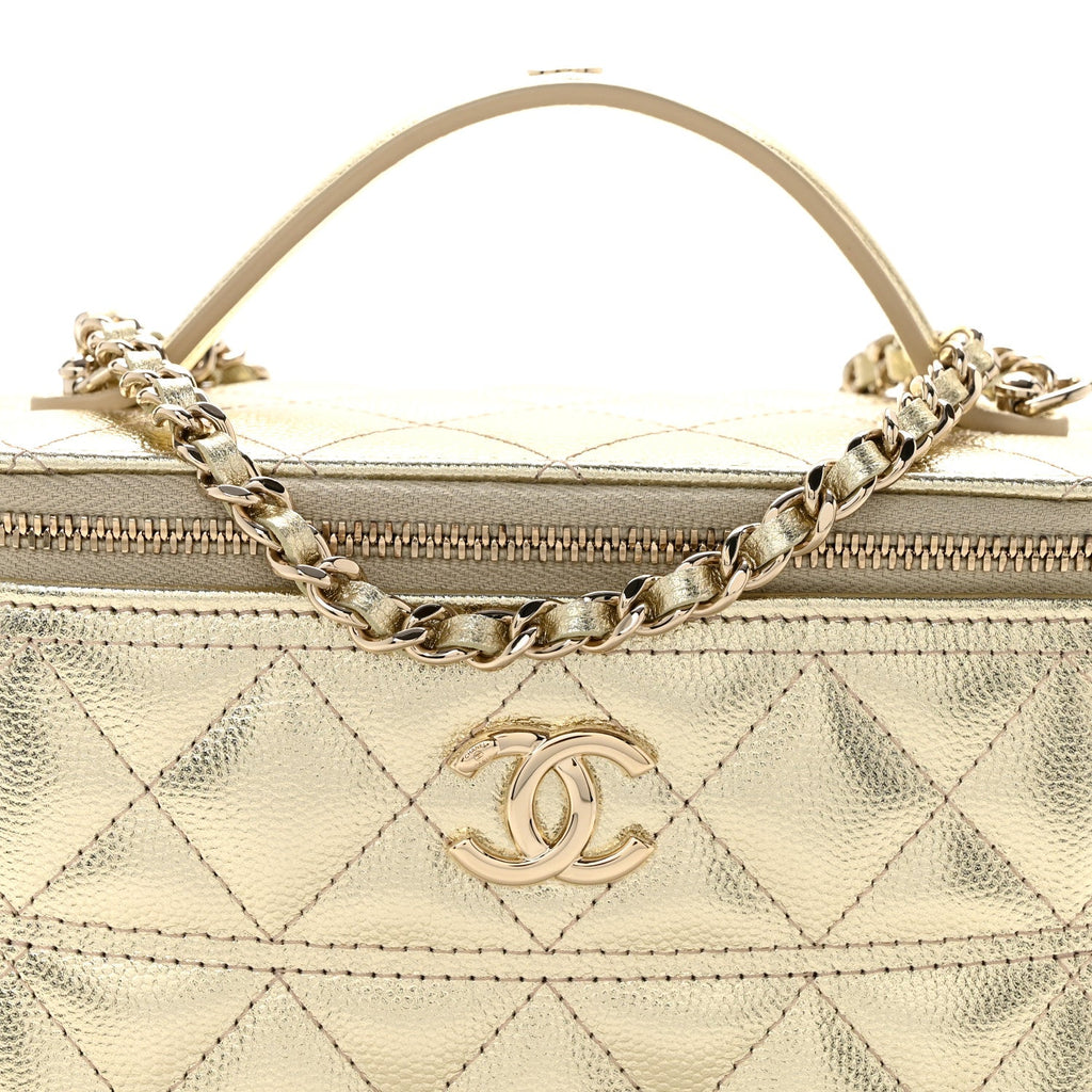 Metallic Caviar Quilted Trendy Handle Slim Vanity Gold