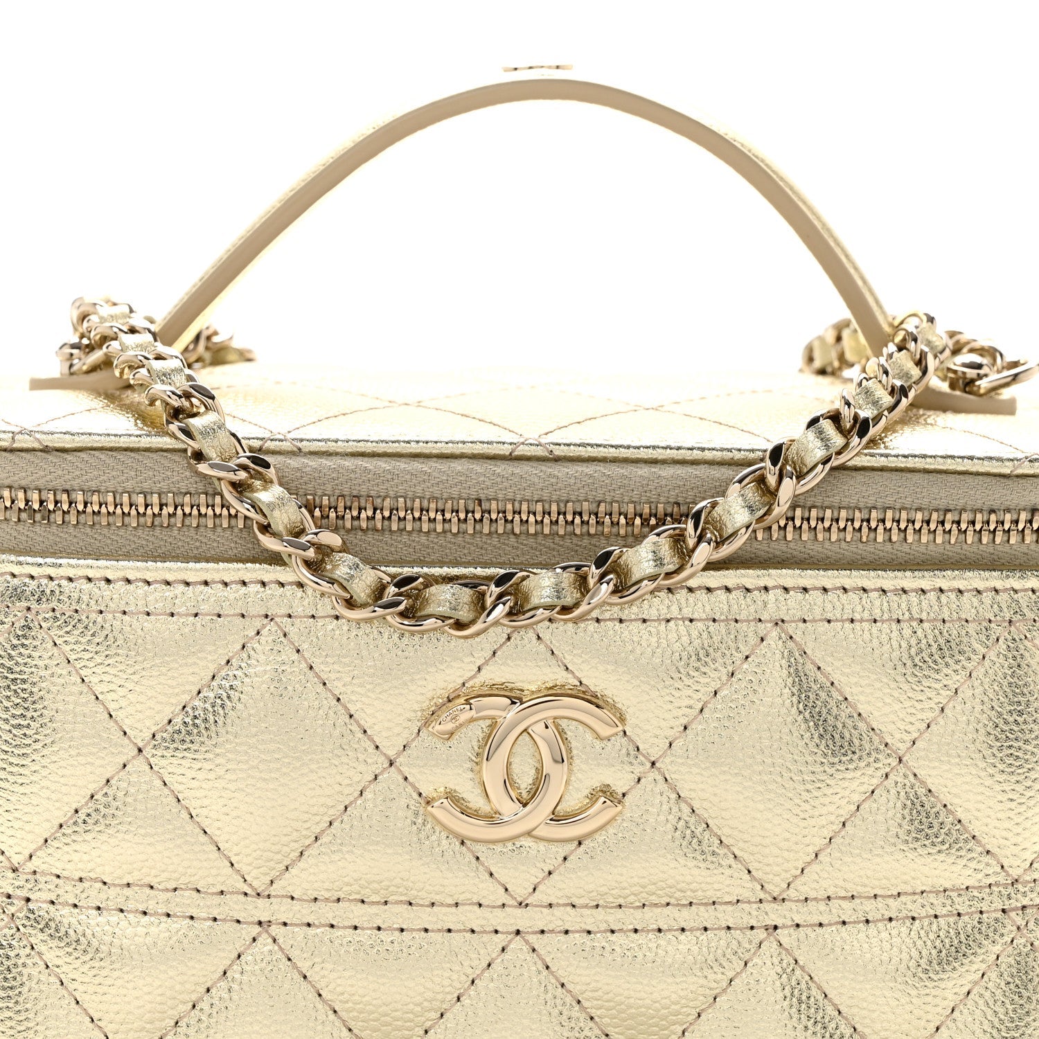Metallic Caviar Quilted Trendy Handle Slim Vanity Gold