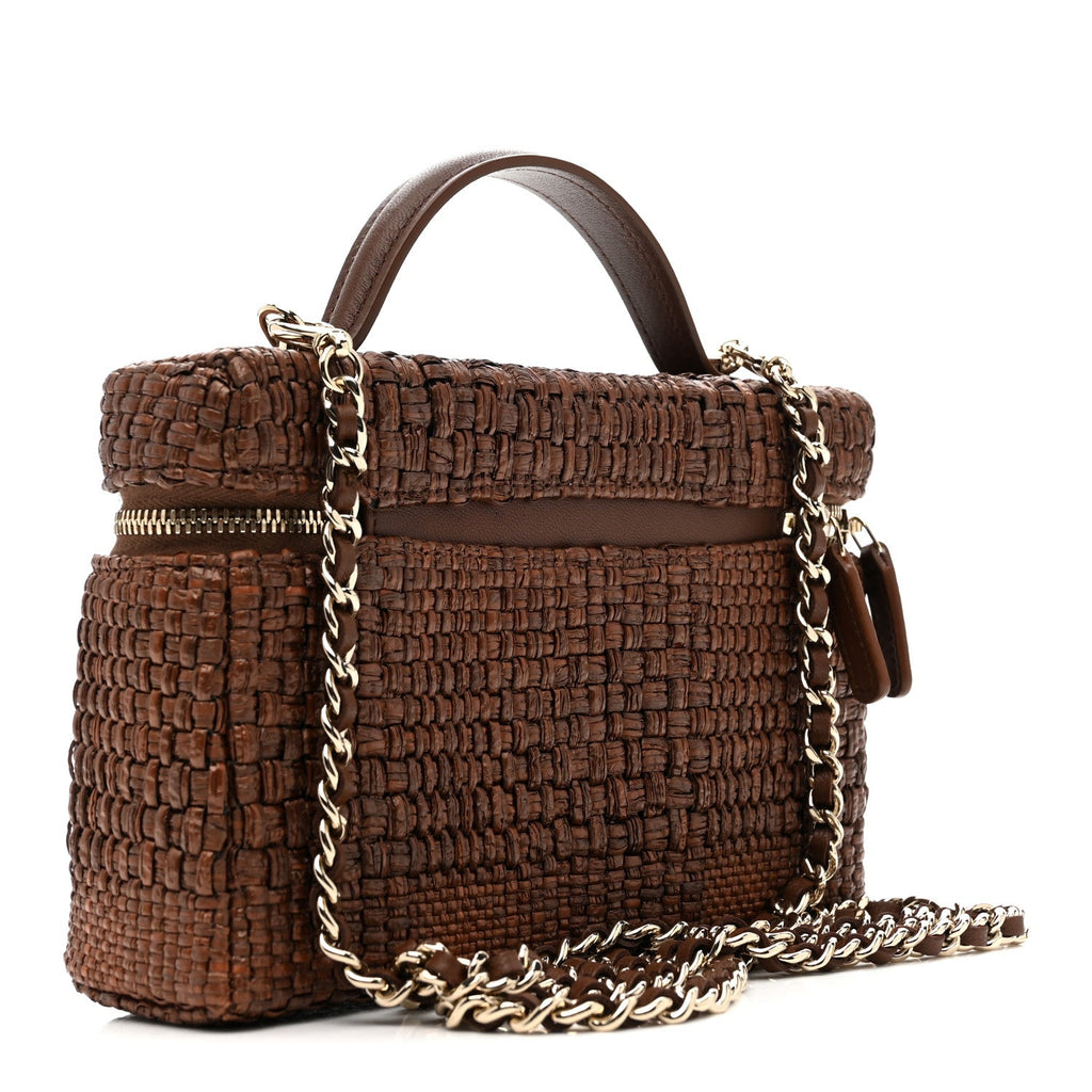 Braided Raffia Top Handle Slim Vanity With Chain Brown