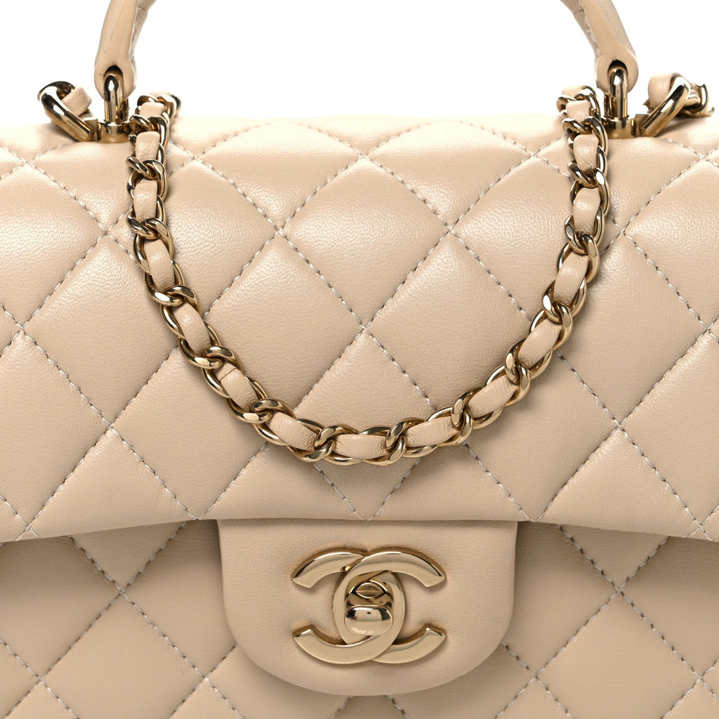 Lambskin Quilted Mini Top Handle Rectangular Flap Beige