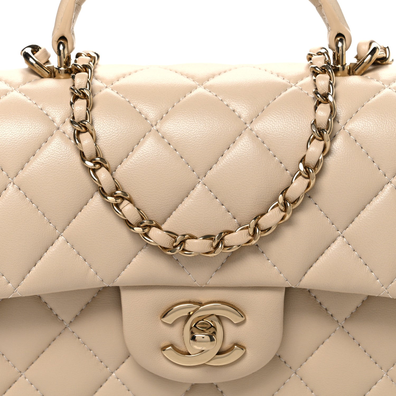 Lambskin Quilted Mini Top Handle Rectangular Flap Beige