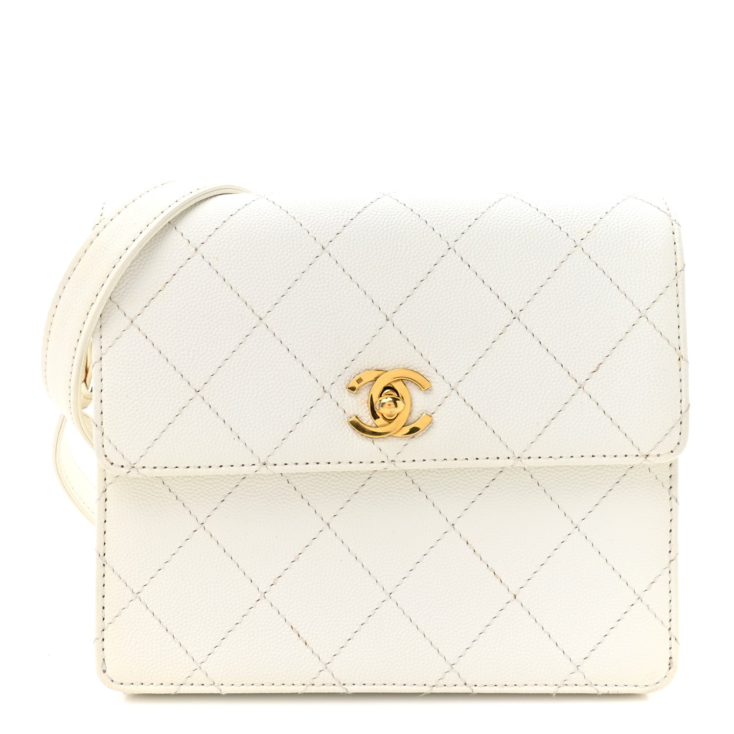 Caviar Diamond Stitched Square Flap Shoulder Bag White