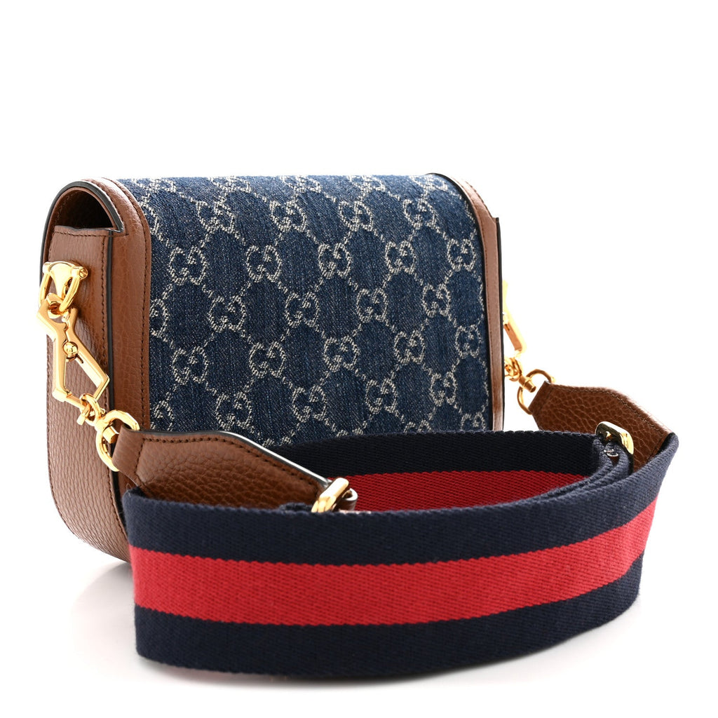 New Denim GG Monogram Dollar Calfskin Web Mini Horsebit 1955 Shoulder Bag Blue Tea Cuir Epilog