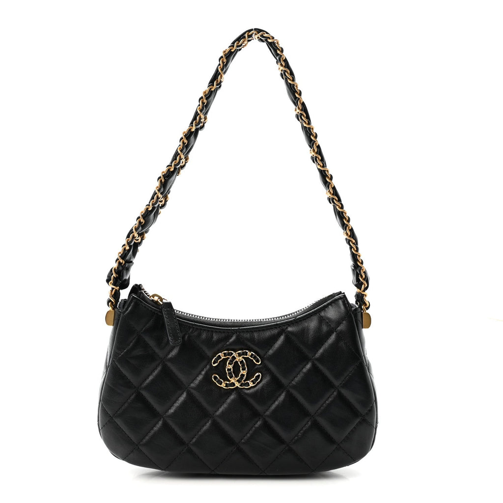 Crumpled Calfskin Quilted Braided CC Small Hobo Black