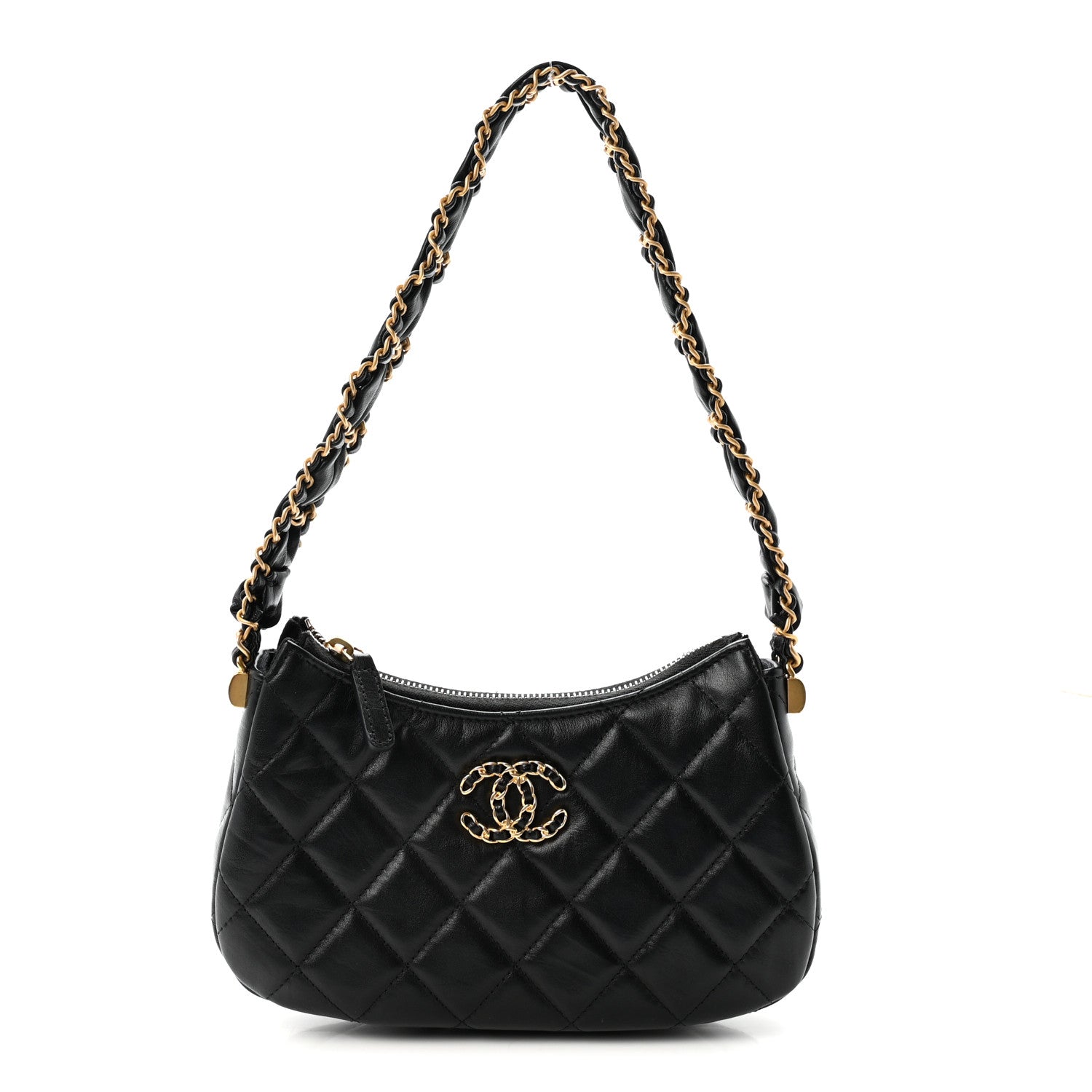 Crumpled Calfskin Quilted Braided CC Small Hobo Black