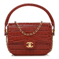 Calfskin Crocodile Embossed Turn Around Mini Flap Grey Burgundy