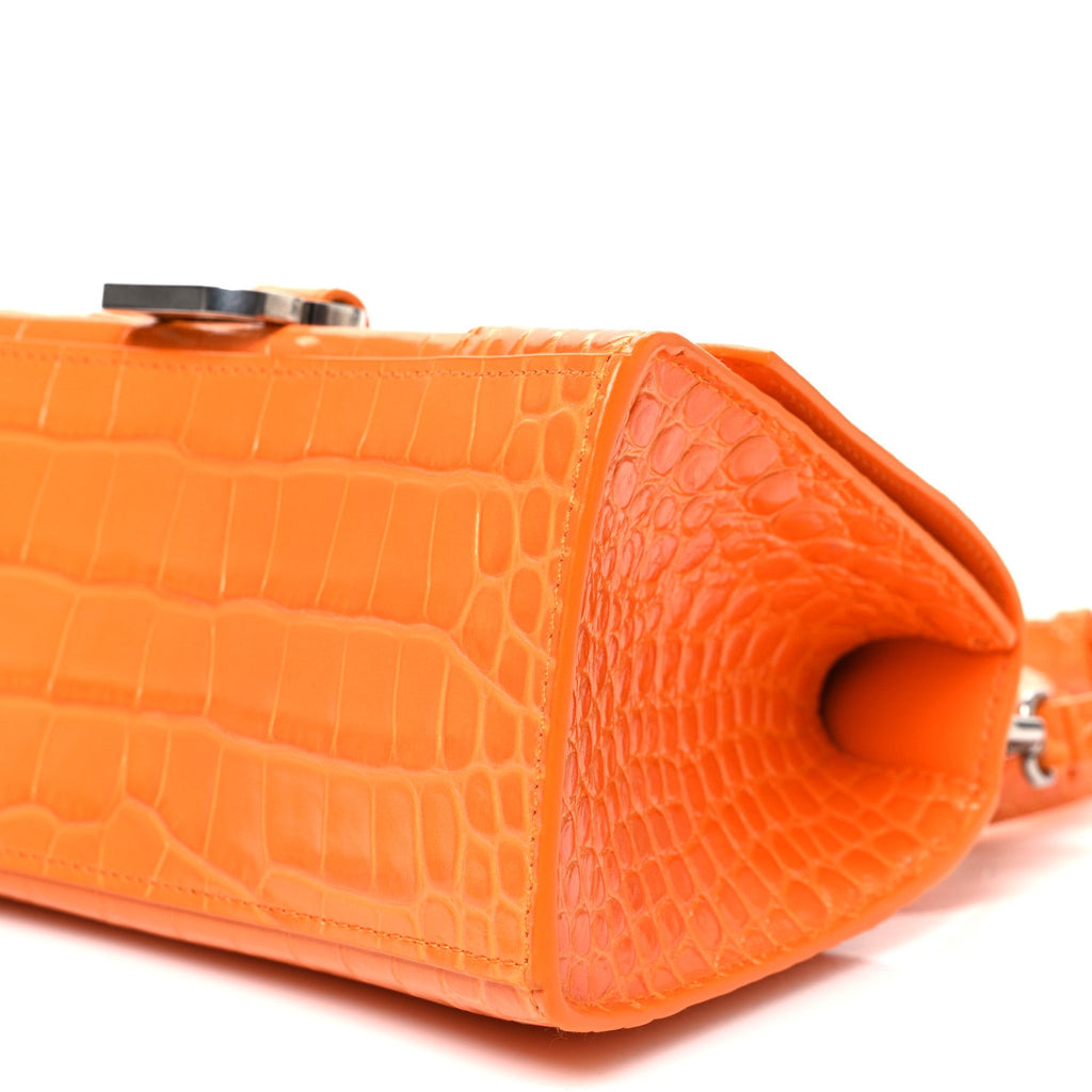 Shiny Calfskin Crocodile Embossed Small Hourglass Top Handle Bag Pop Orange