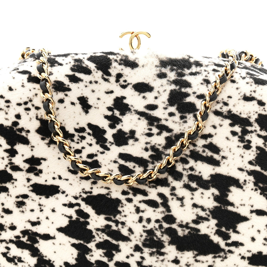 Lambskin Pony Hair Printed Clutch With Chain Black White