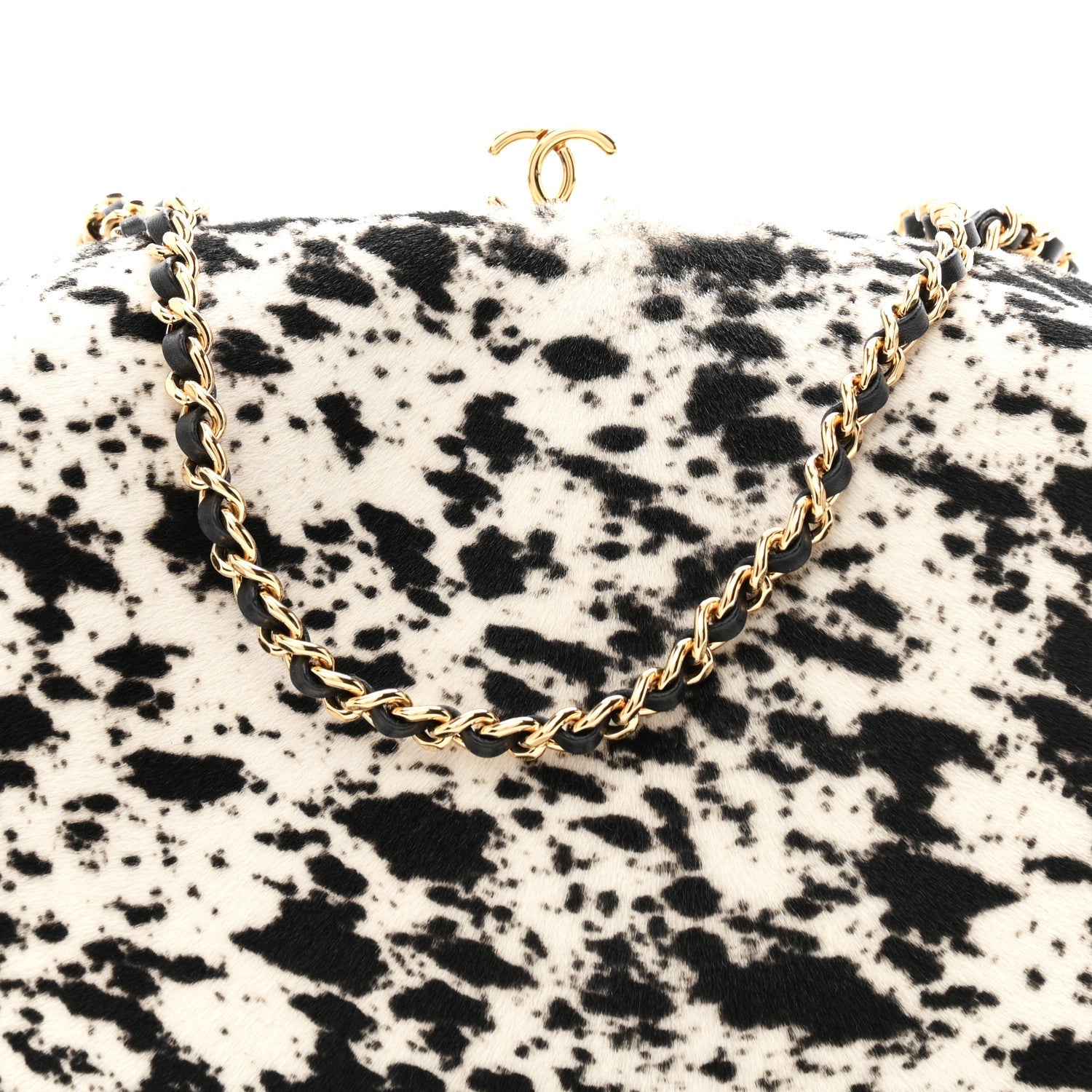 Lambskin Pony Hair Printed Clutch With Chain Black White