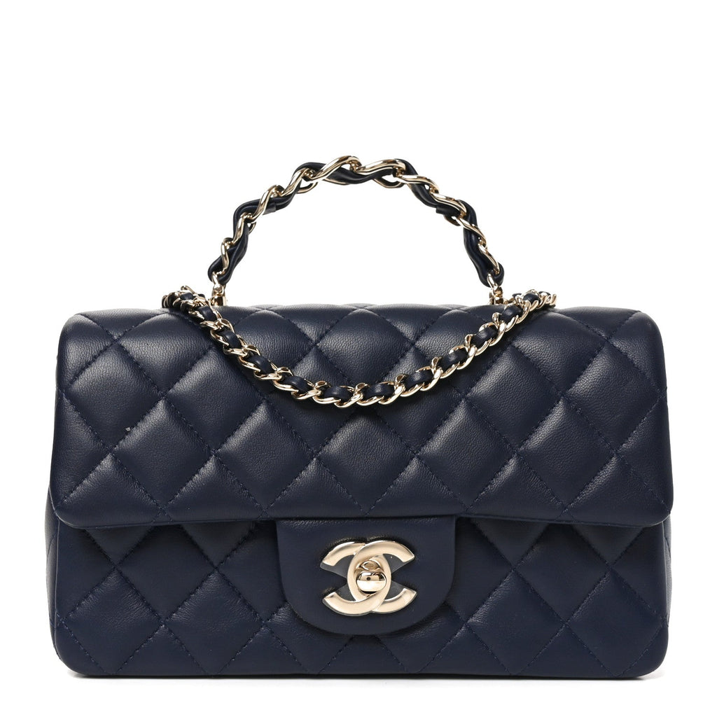 Lambskin Quilted Mini Chain Top Handle Rectangular Flap Navy