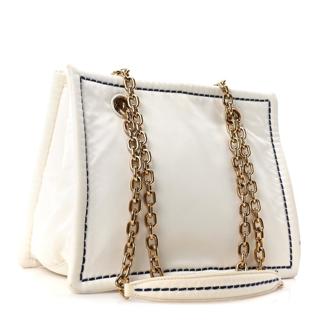 Tessuto Nylon Triangle Chain Tote White