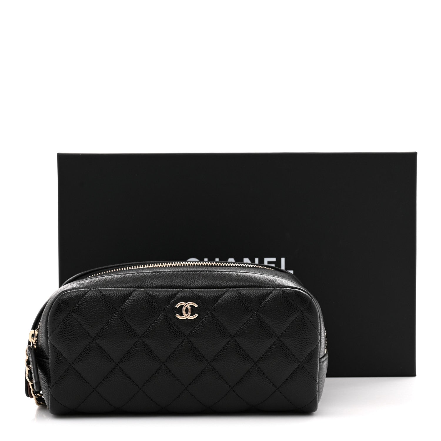 Caviar Quilted Toiletry Case With Chain Black