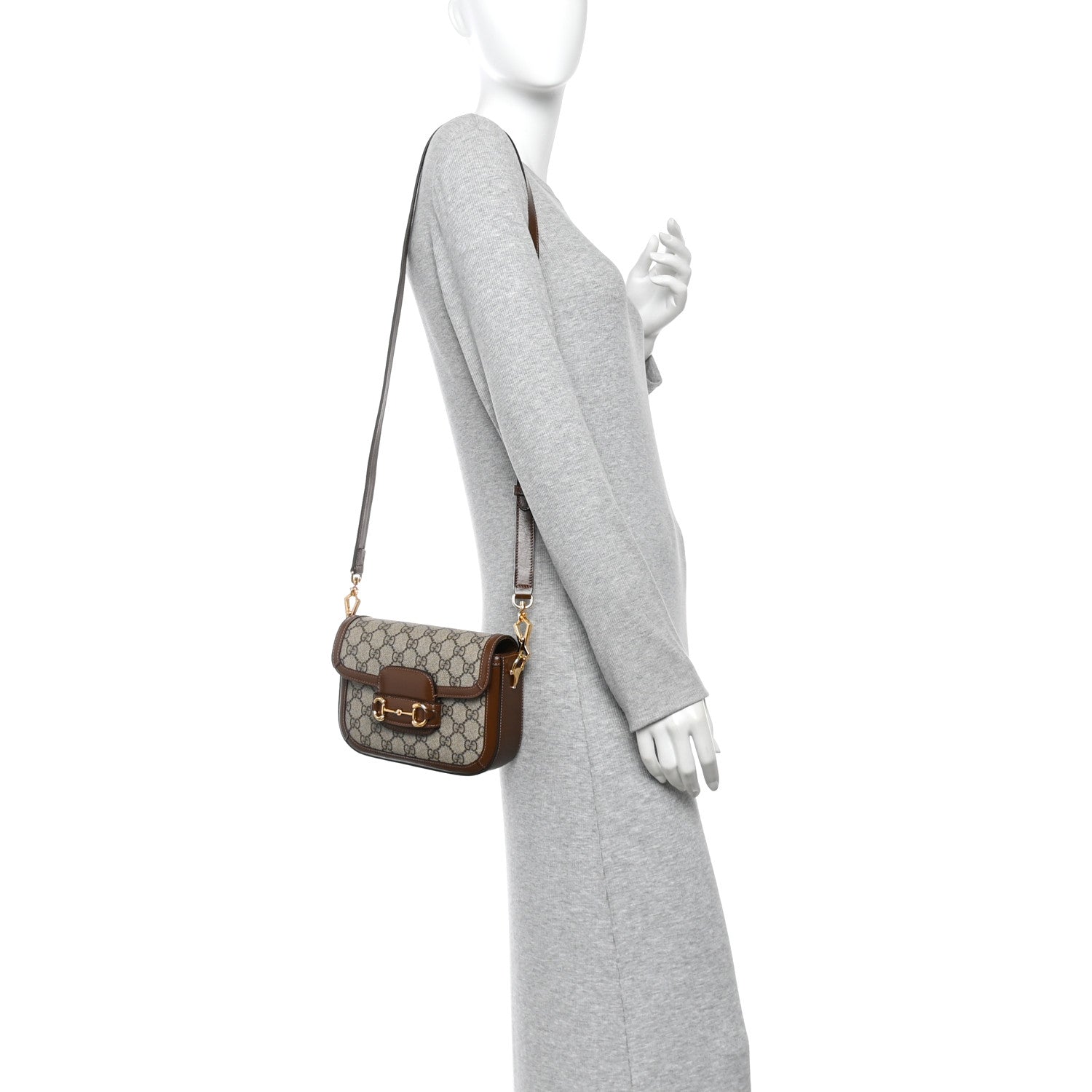 GG Supreme Monogram Web Mini Horsebit 1955 Shoulder Bag Beige Brown Sugar