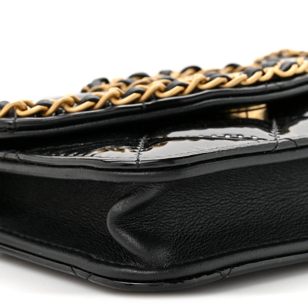 Patent Quilted Chain Around Heart Mini Chain Flap Black
