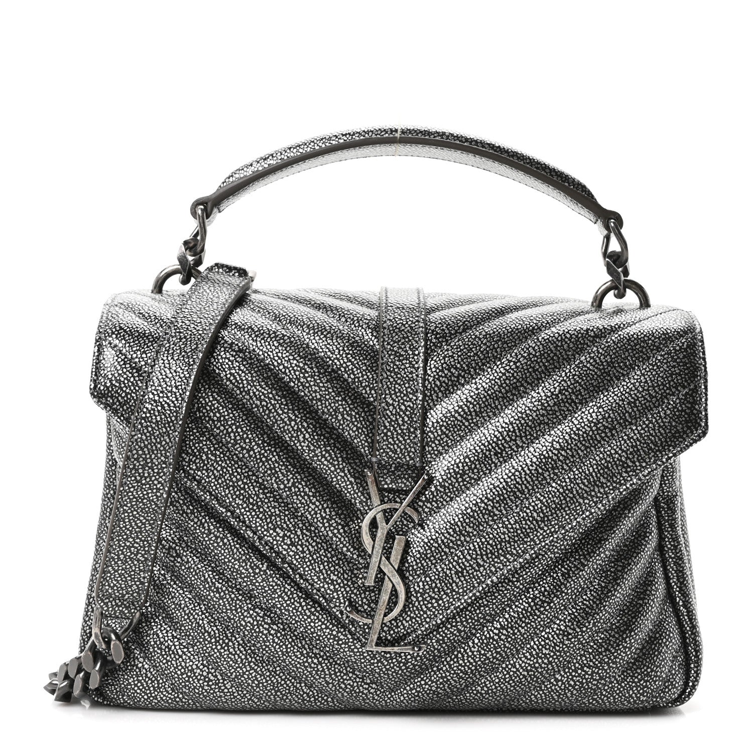 Metallic Grain De Poudre Matelasse Chevron Monogram Medium College Bag Gunmetal