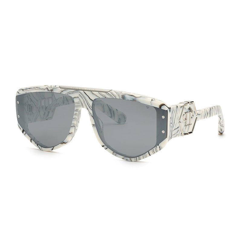 Philipp Plein Sunglasses Aviator Full Rim, Marbled Frame and Grey Lens SPP093M9YLX