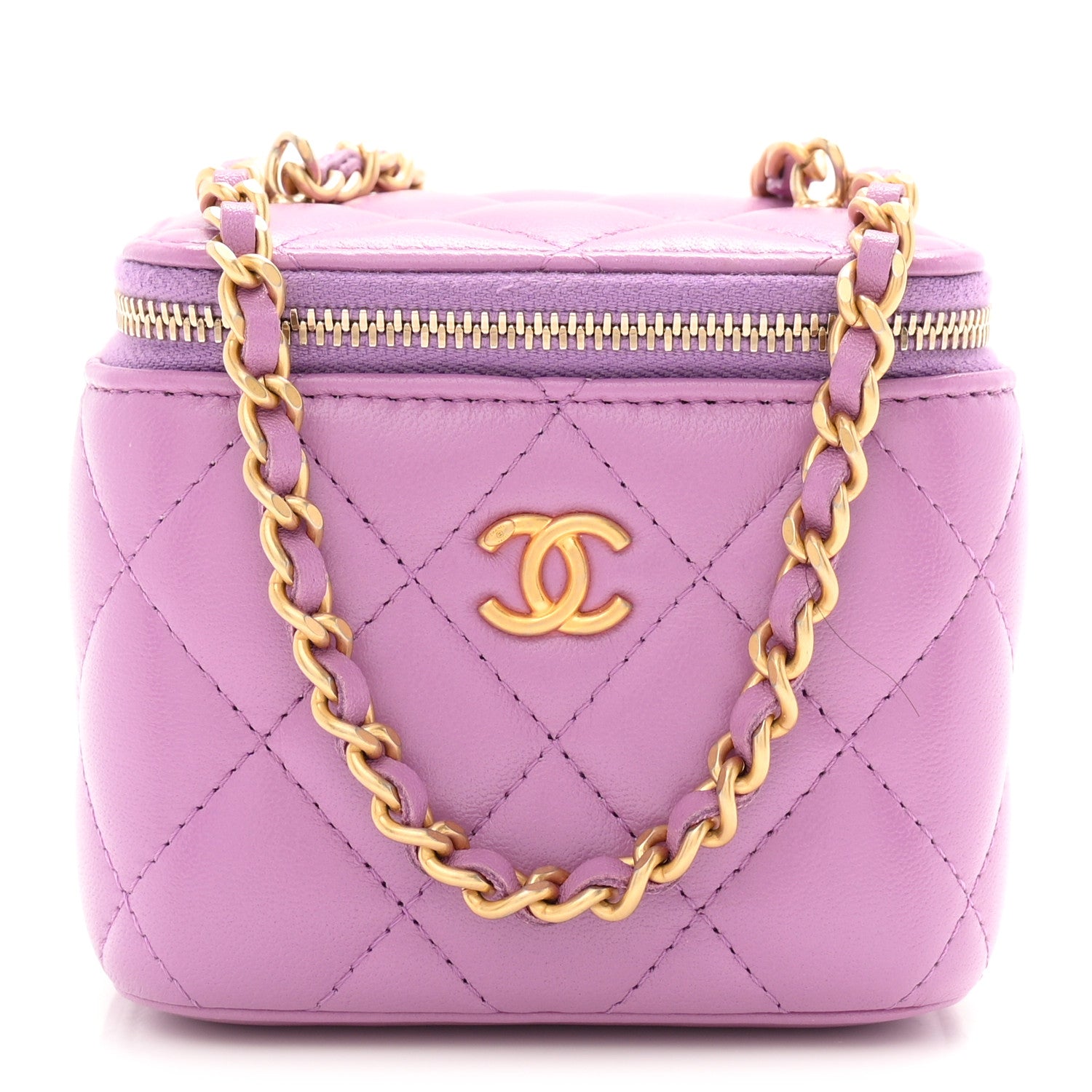 Lambskin Quilted Pearl Crush Mini Vanity Case With Chain Purple