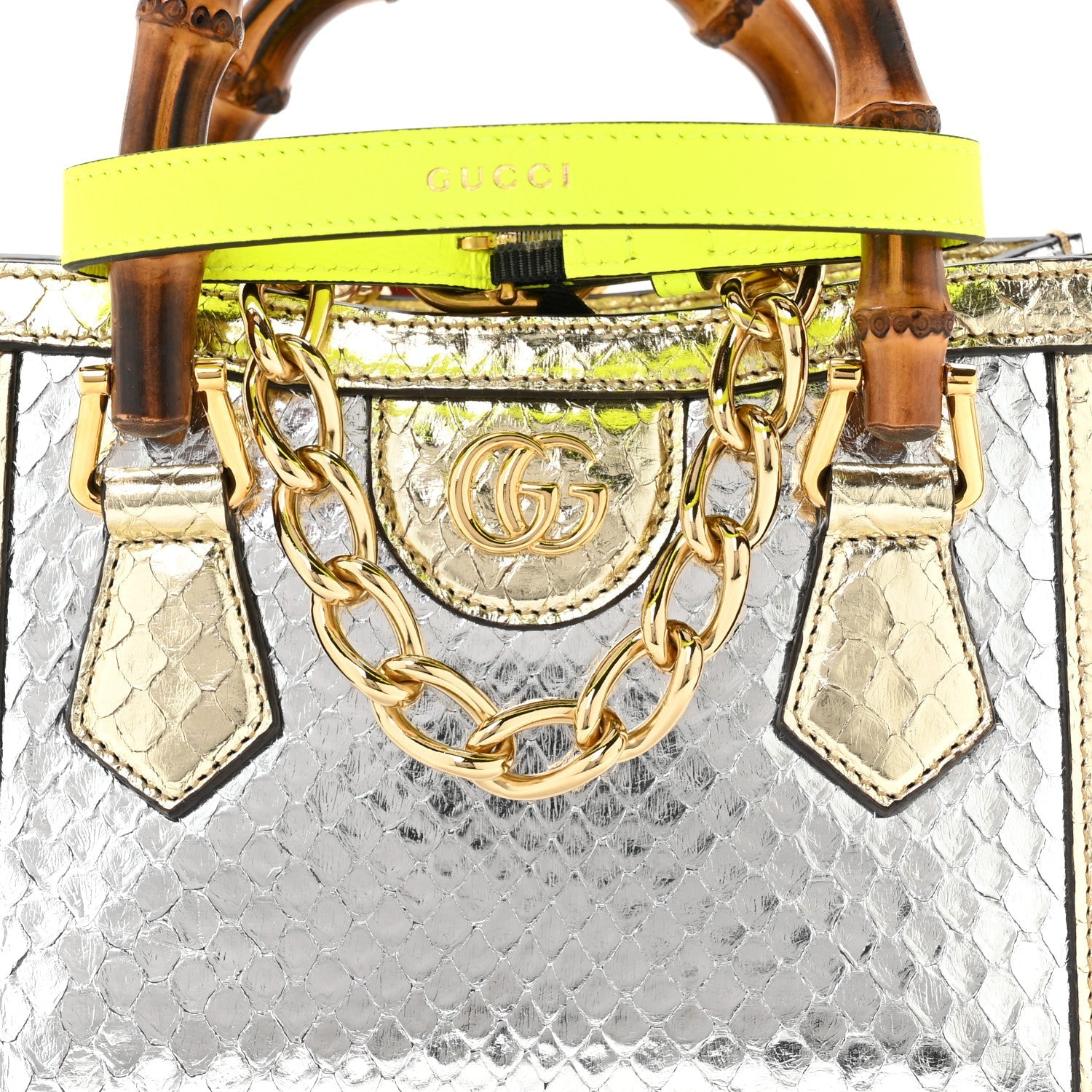 Metallic Snakeskin Mini Diana Tote Bag Silver Platino