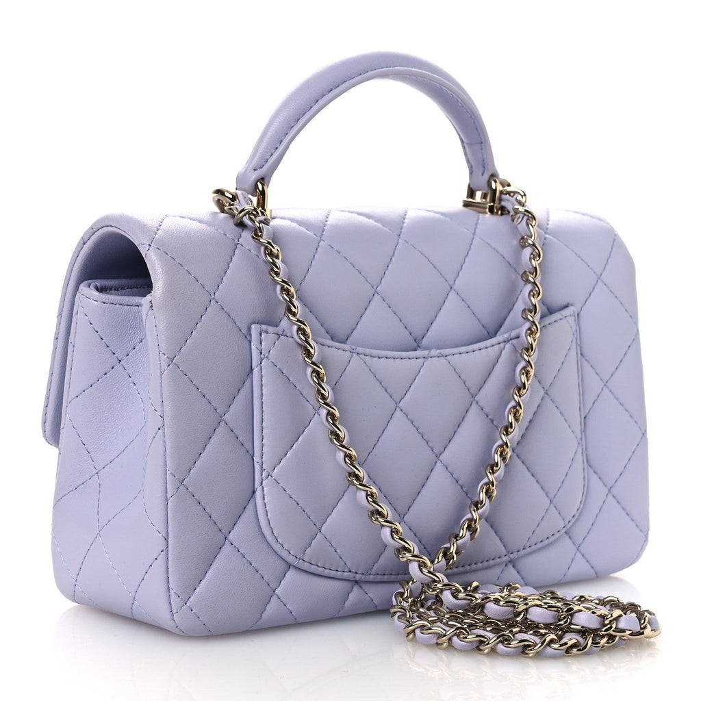 Lambskin Quilted Mini Top Handle Rectangular Flap Light Purple