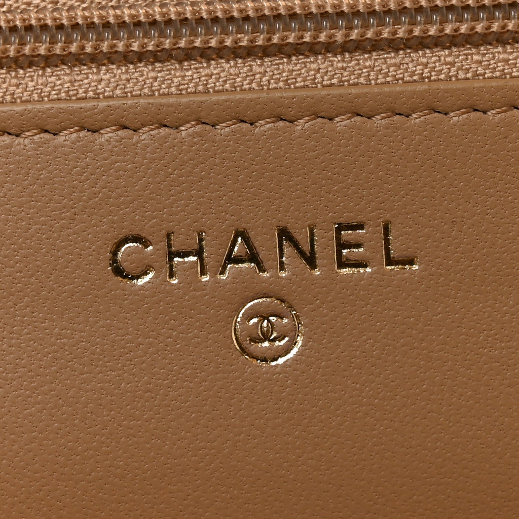 Lambskin Quilted CC Pearl Crush Wallet on Chain WOC Beige