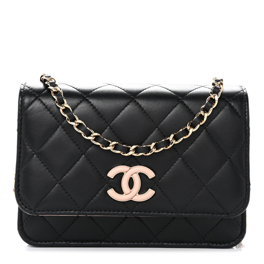 Lambskin Quilted Mini Wallet on Chain WOC Black Pink