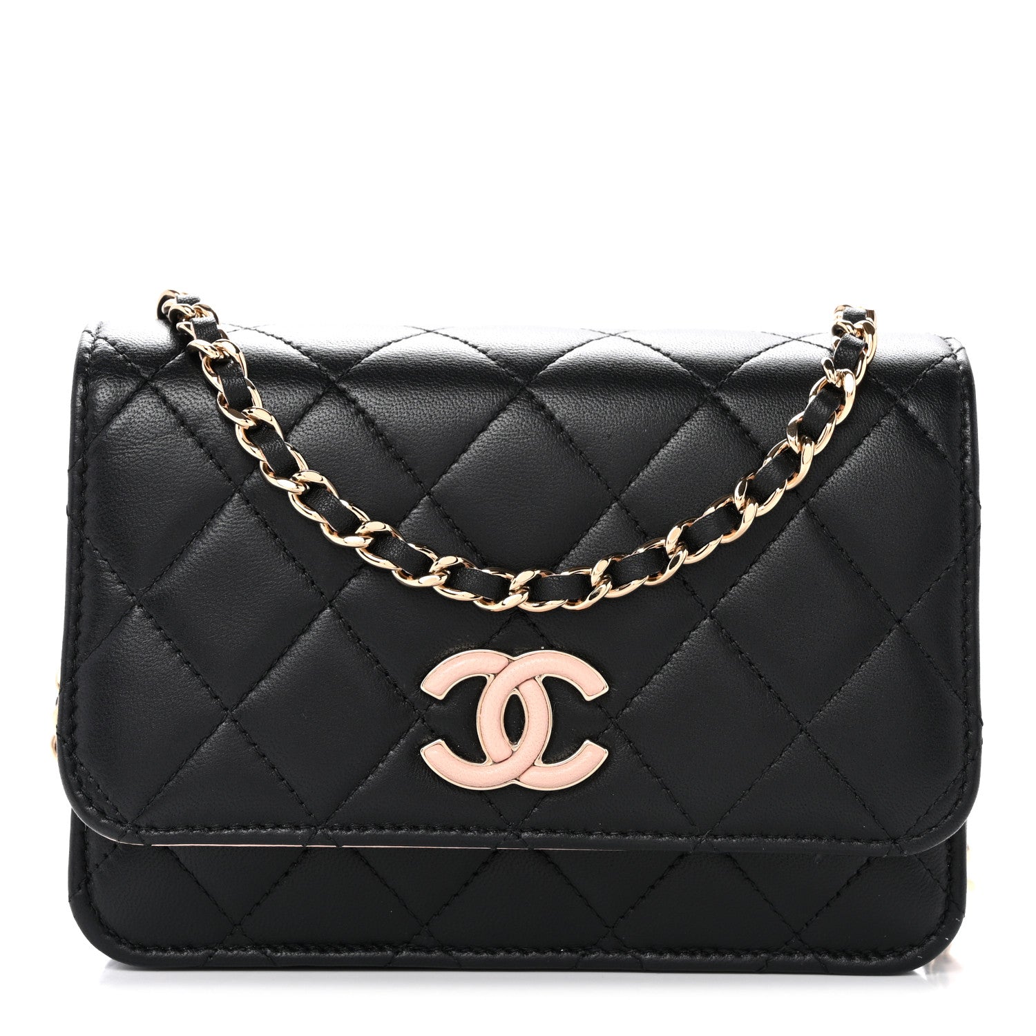 Lambskin Quilted Mini Wallet on Chain WOC Black Pink