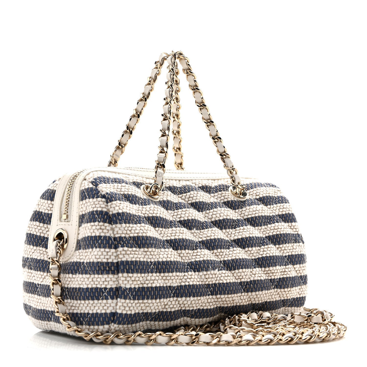 Printed Fabric Clutch With Chain Light Beige Dark Blue