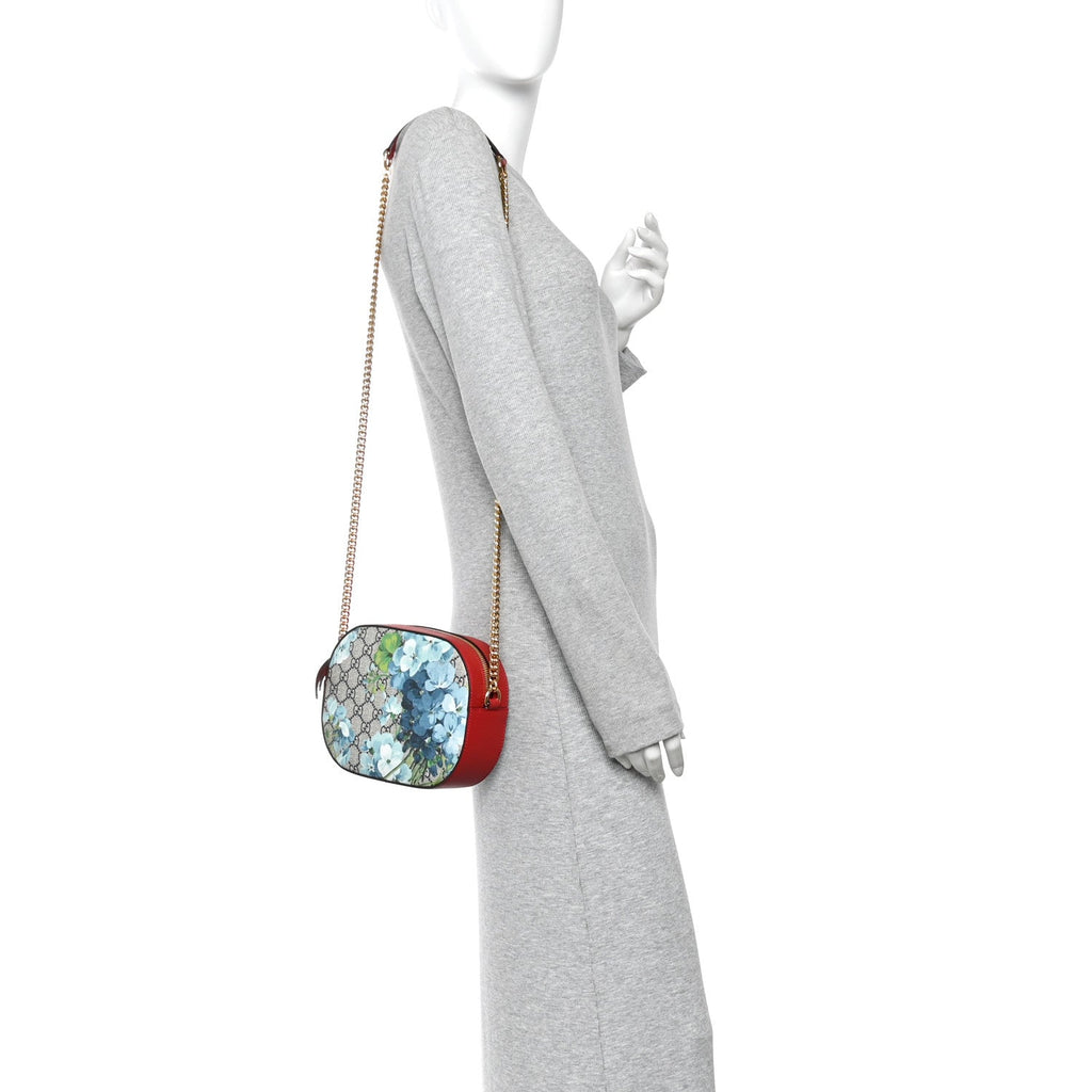 GG Supreme Monogram Blooms Small Chain Shoulder Bag Beige Blue Navy Hibiscus Red
