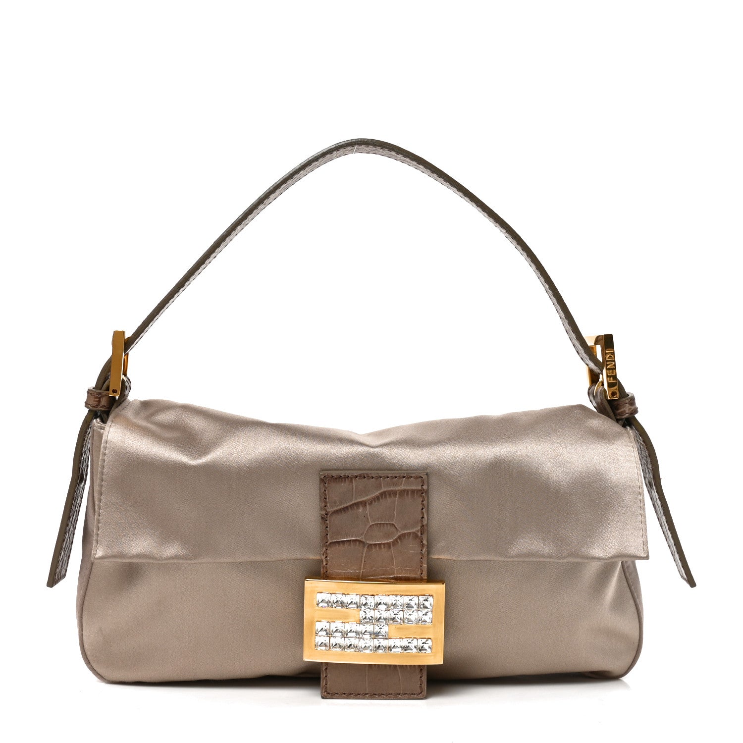 Satin Calfskin Crystal Crocodile Embossed Baguette Grey