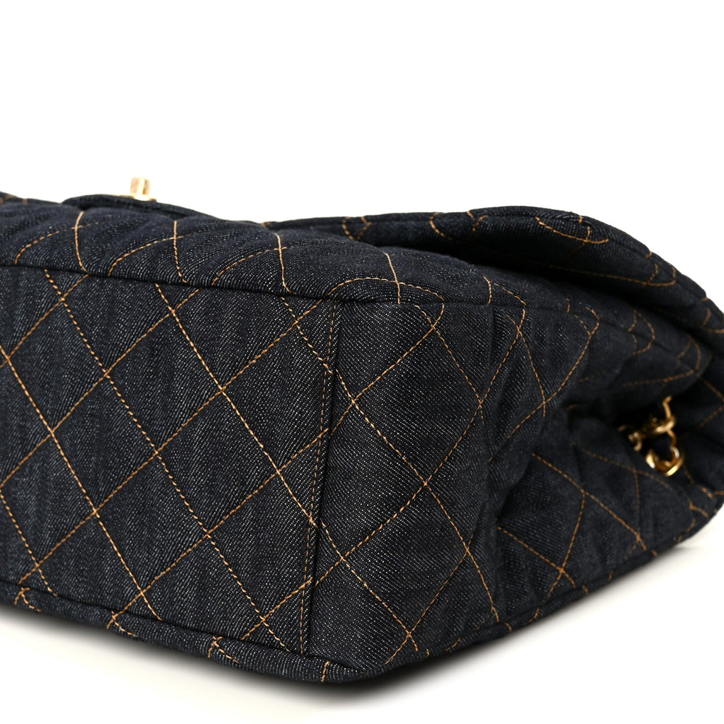 Denim Quilted XXL Travel Flap Bag Dark Blue Orange