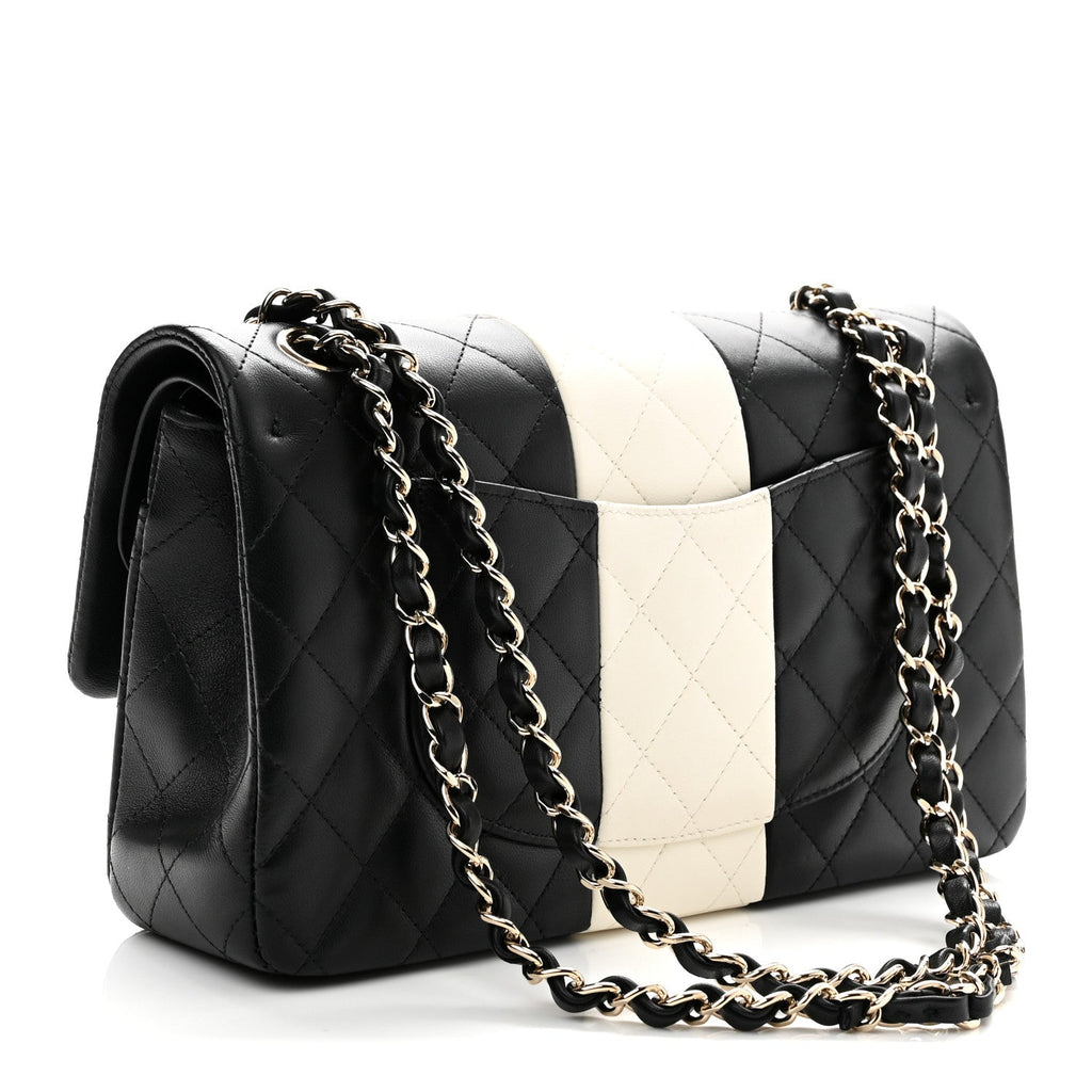Lambskin Quilted Medium Double Flap Black White