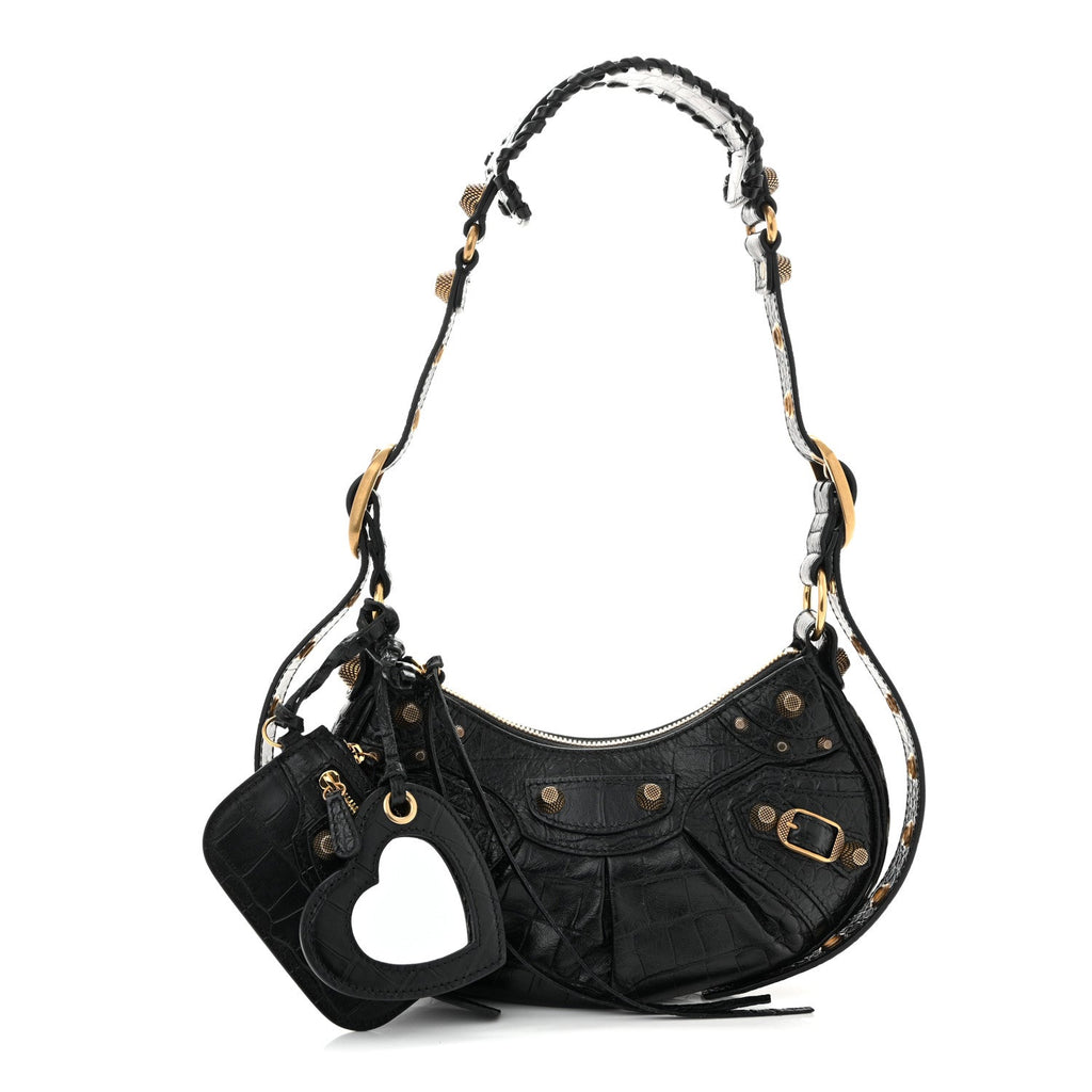 Extra Supple Calfskin Crocodile Embossed Le Cagole Shoulder Bag XS Black