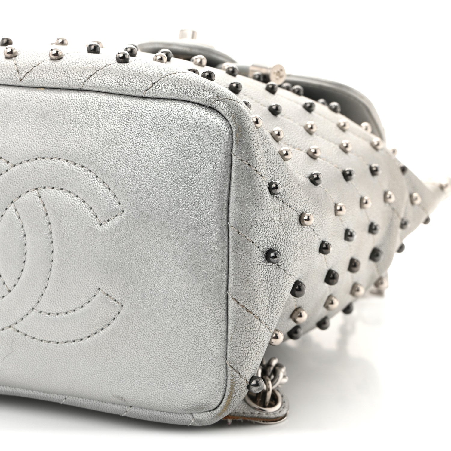 Metallic Lambskin Chevron Quilted Studded Stud Wars Backpack Silver