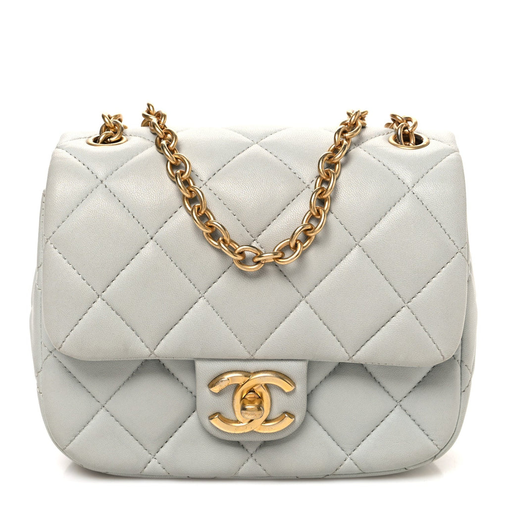 Lambskin Enamel Pearl Quilted Mini Charm Me Square Flap Light Blue