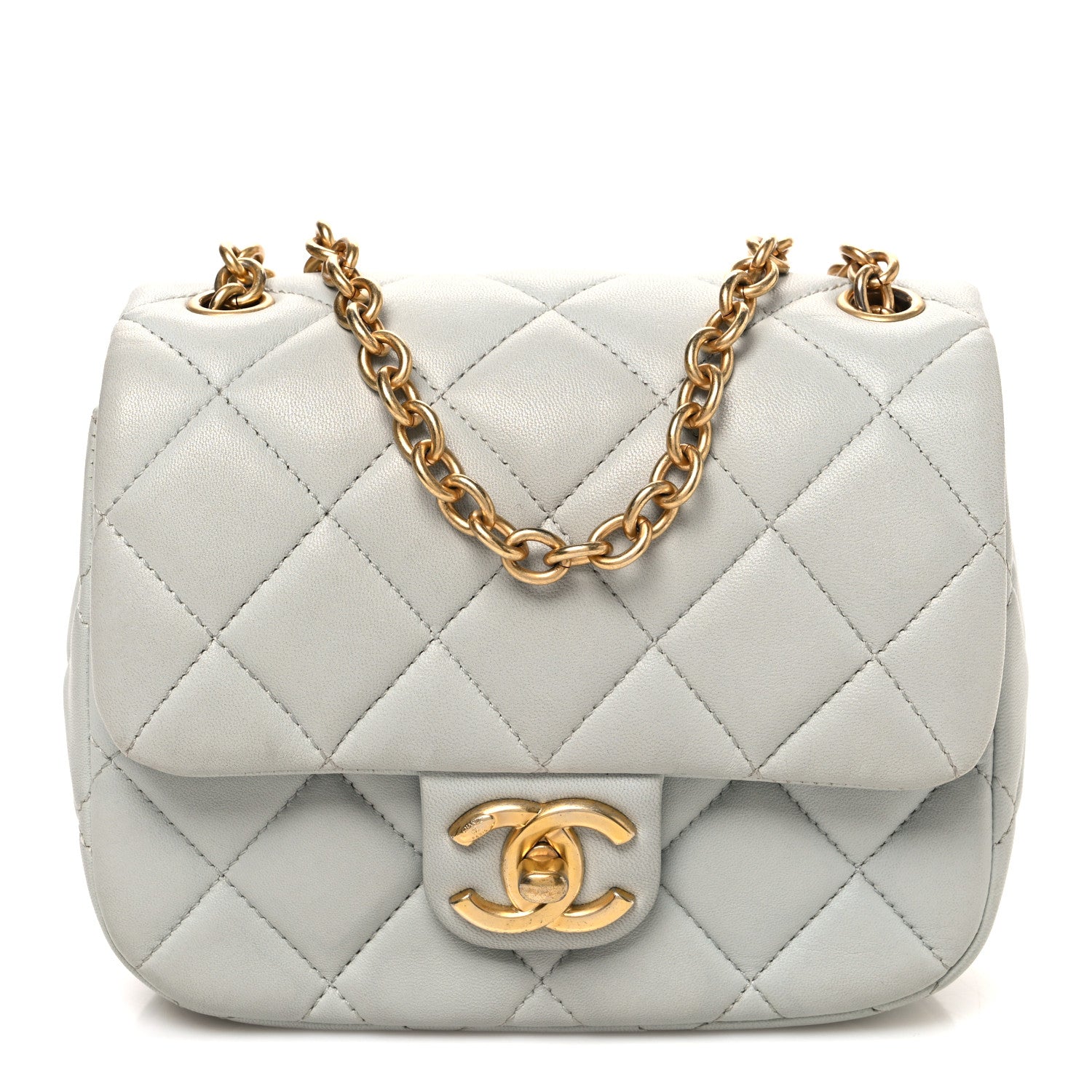 Lambskin Enamel Pearl Quilted Mini Charm Me Square Flap Light Blue