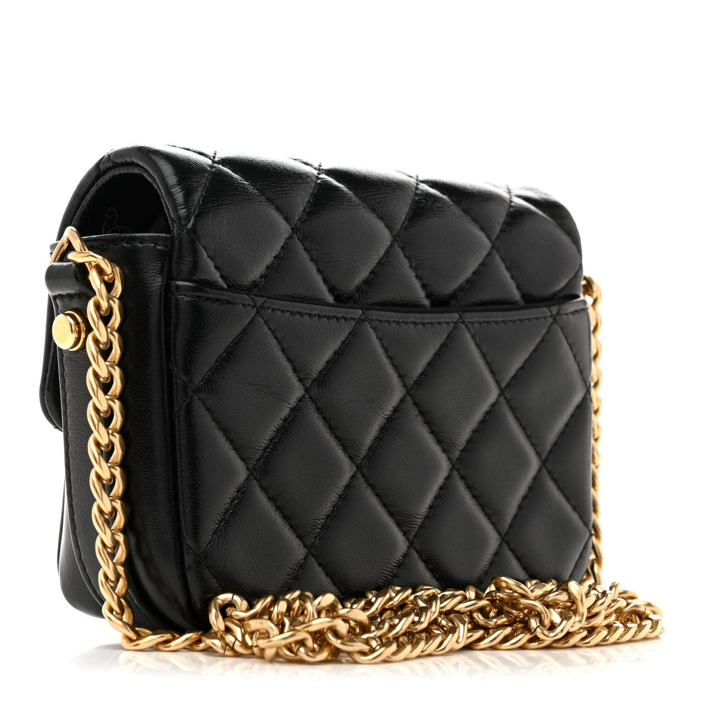 Shiny Crumpled Lambskin Quilted Mini Giant CC Flap Black Black