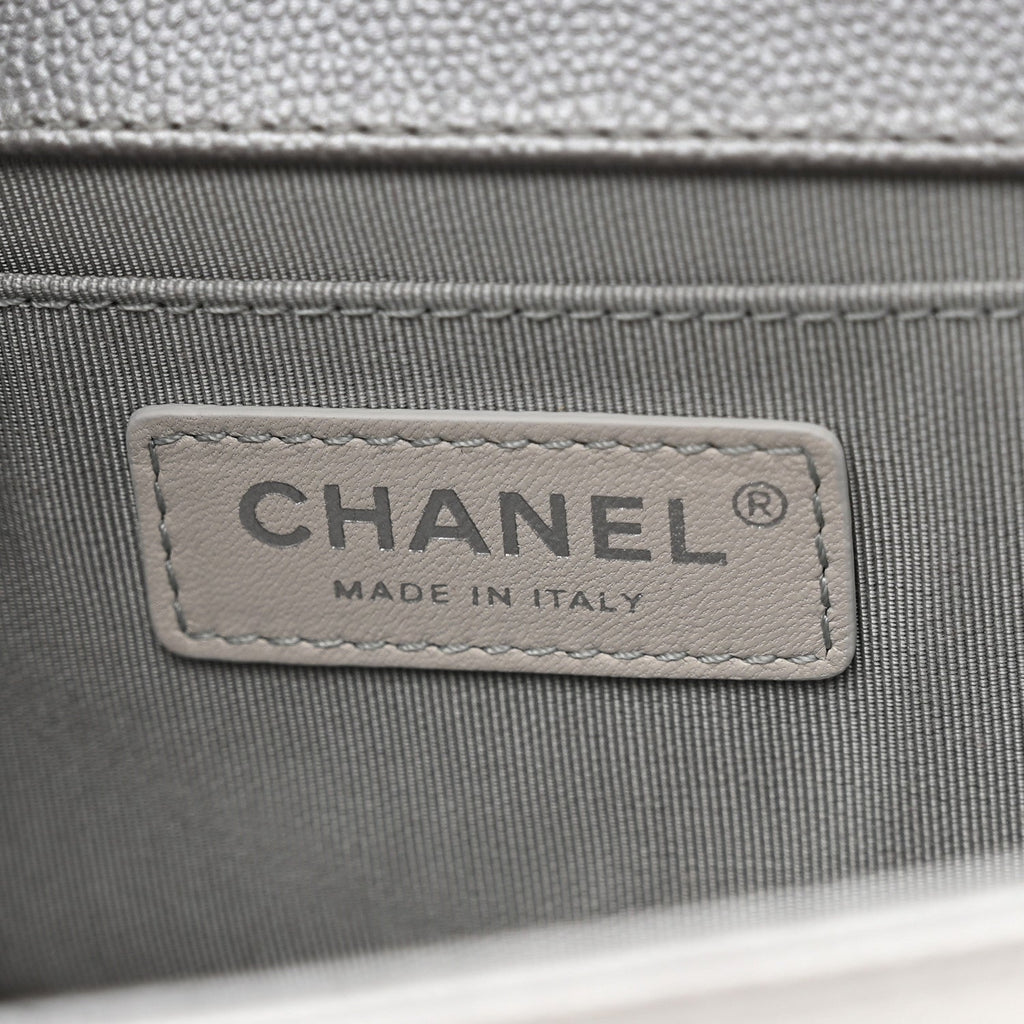 Metallic Caviar Chevron Quilted Medium Boy Flap Silver